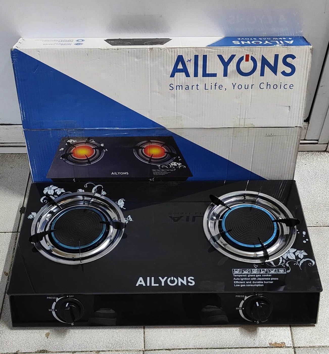 AILYONS 2-Burner Tempered Glass Top Gas Cooker with Infrared Double Burner